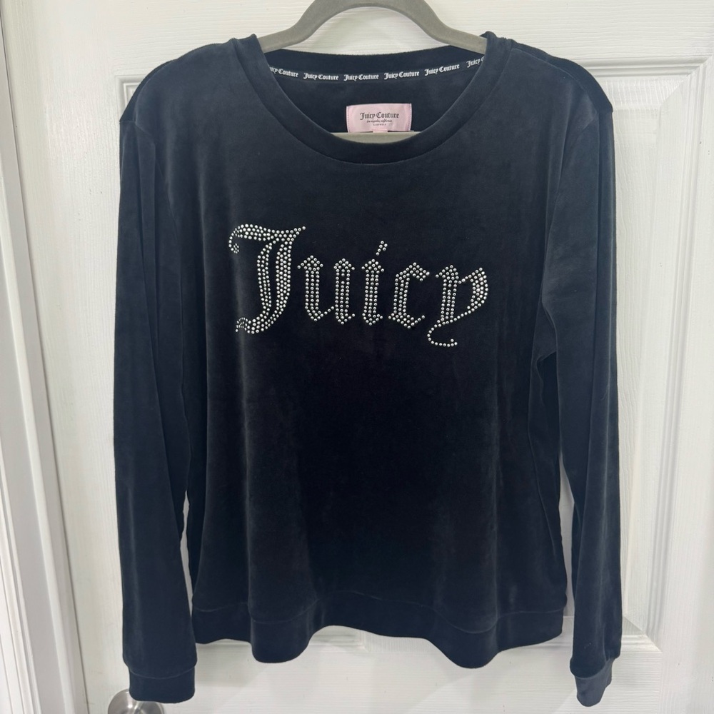 Juicy Couture Black Velvet Long Sleeve Crewneck Top Women's Large Bejeweled